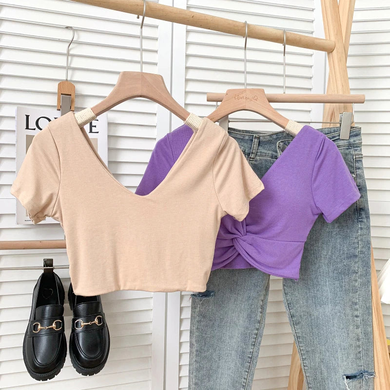 T Shirt  Woman Crop Tops Basic Short Sleeve Kawaii T Shirt Built In Bra Women Sexy Top Harajuku Korean Fashion