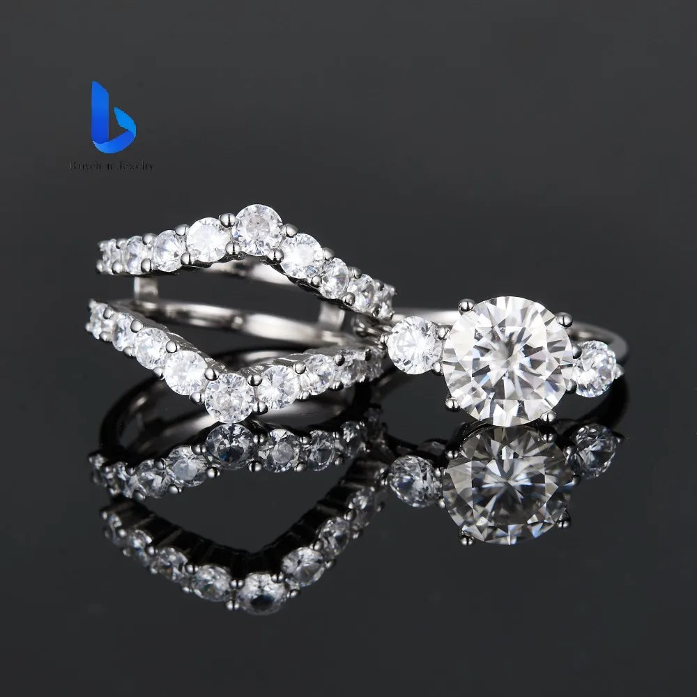 Luxury S925 Sterling Silver Round Brilliant Cut Moissanite Wedding Engagement Ring Set