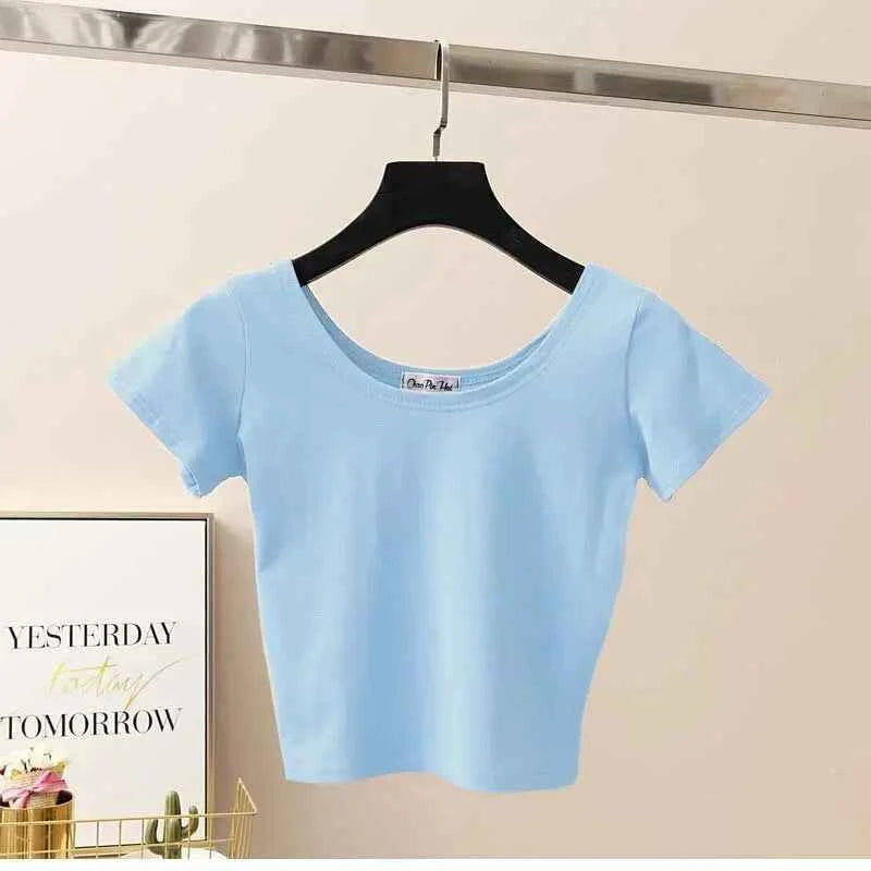 11 Colors Solid Crop Top Women T-shirt Cropped Slim High Waist Short Sleeve Basic Summer Clothes Tops Woman Clothing Tee Tshirt