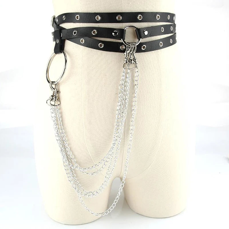 Female Leather Skirt Belts Punk Gothic Rock Harness Waist Metal Chain Body Bondage Hollow Belt Accessories For Lady