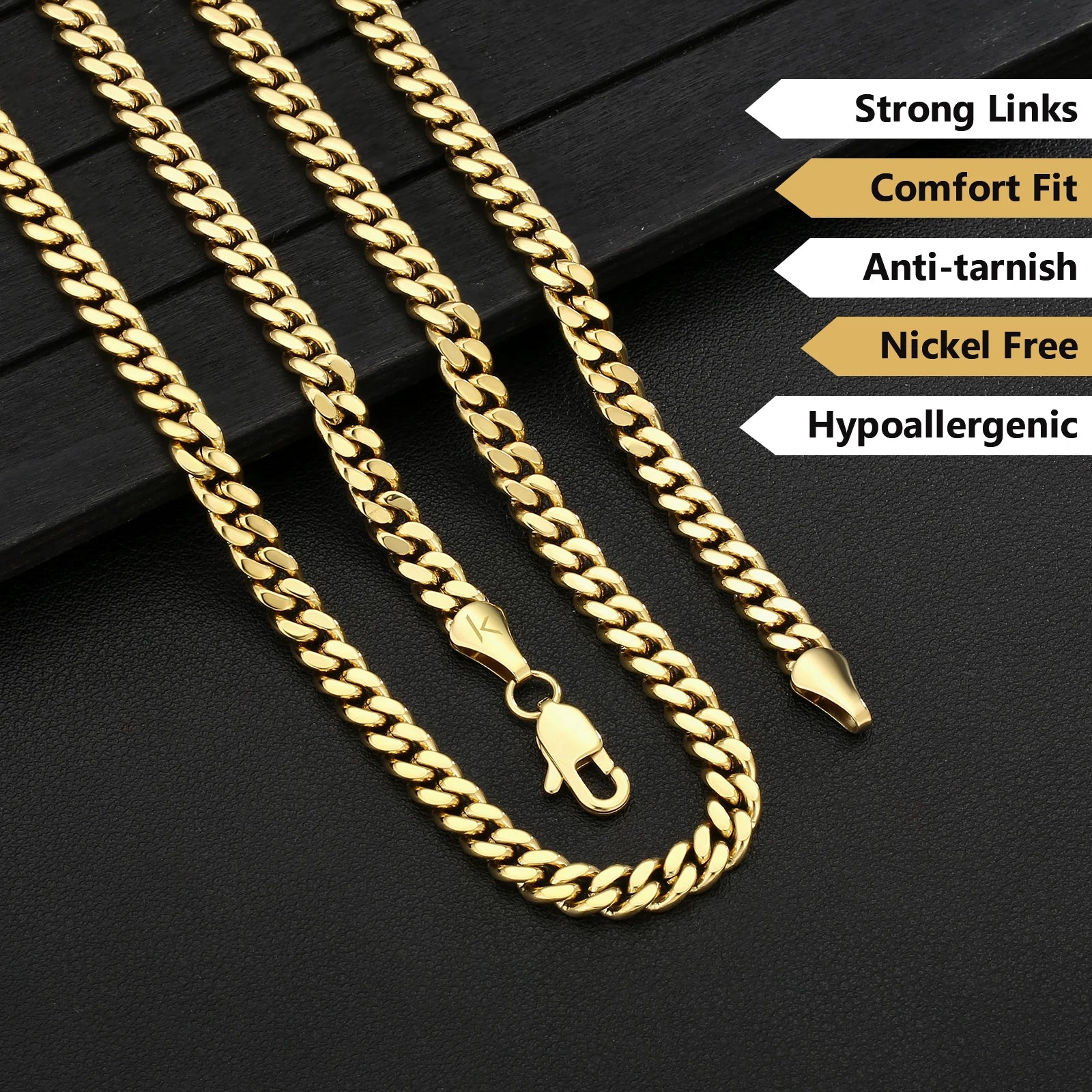 Free Shipping USA 14k Gold Plated Stainless Steel 5mm Miami Cuban Link Chain Women Waterproof Jewelry Wholesale Mens Necklace