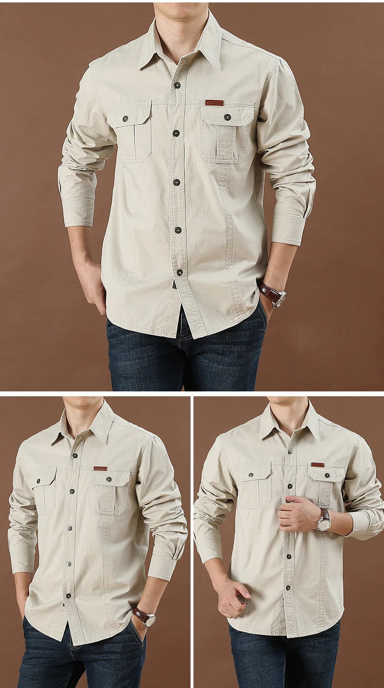 Pure Cotton Men's Shirt Men Oversized Loose Long Sleeve Cargo Shirts Men Clothing High Quality Solid Plus Size Casual Shirt 6XL
