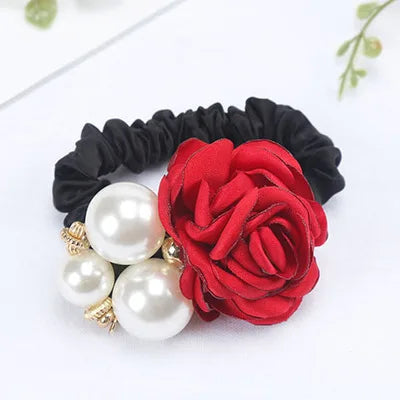 Fashion Women Rose Elastic Scrunchies Hair Bands Big Flower Rhinestones Pearls Flower Hair Rope Rubber Ponytail Hair Accessories