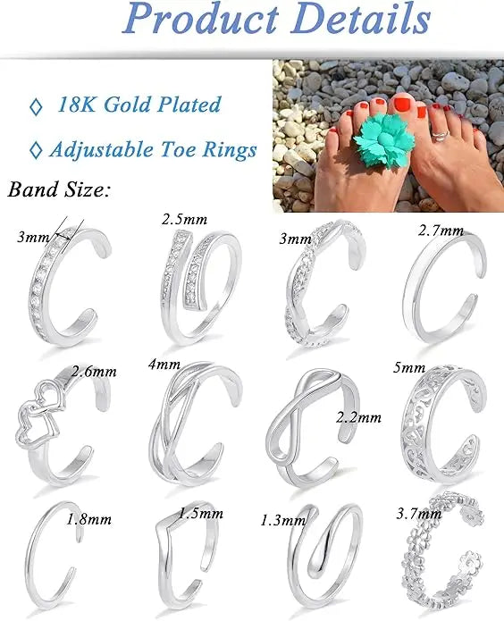 12Pcs Toe Rings Minimalist Thin Wire Cubic Zirconia Summer Beach Toe Rings Open Adjustable Foot Jewelry for Women Silver Tone
