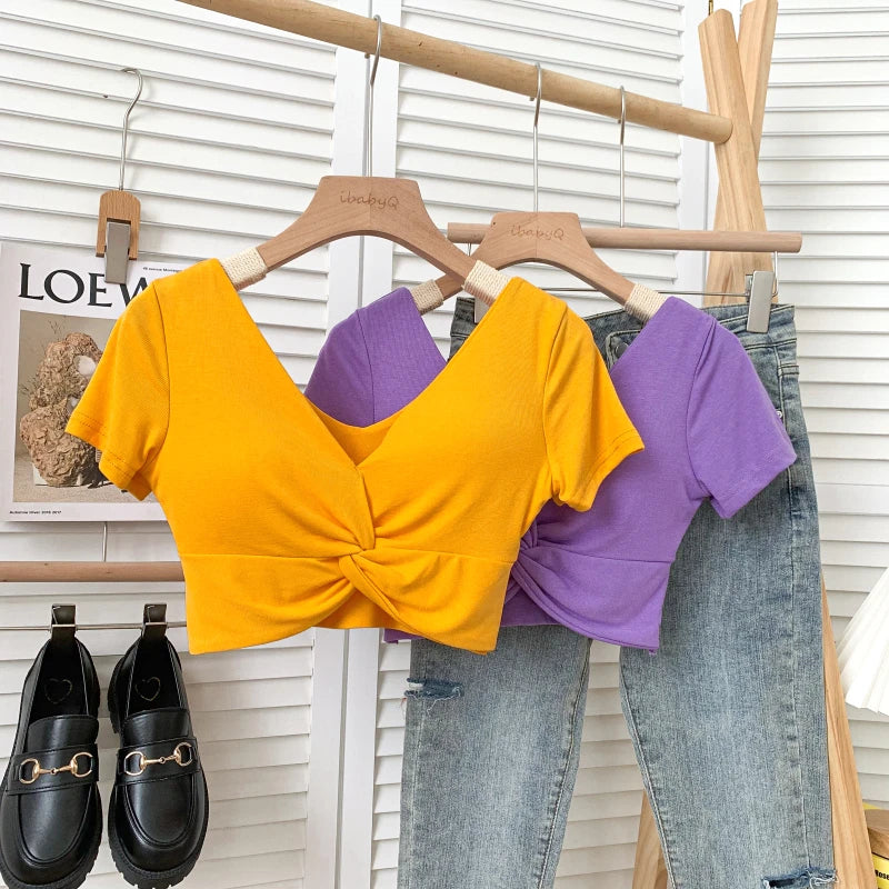 T Shirt  Woman Crop Tops Basic Short Sleeve Kawaii T Shirt Built In Bra Women Sexy Top Harajuku Korean Fashion