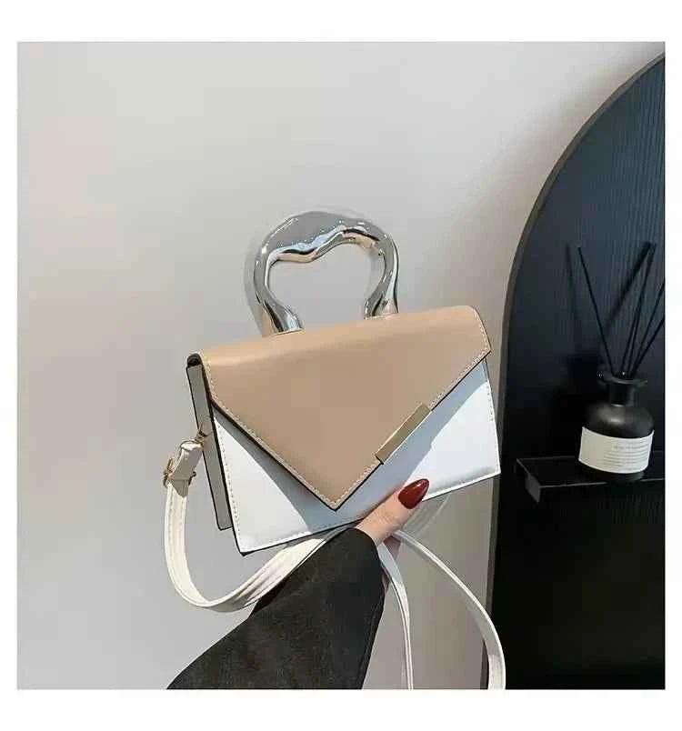 2025 Women's Casual Simple Metal Messenger Bag with Niche Handle Designer Contrasting Color Handbag