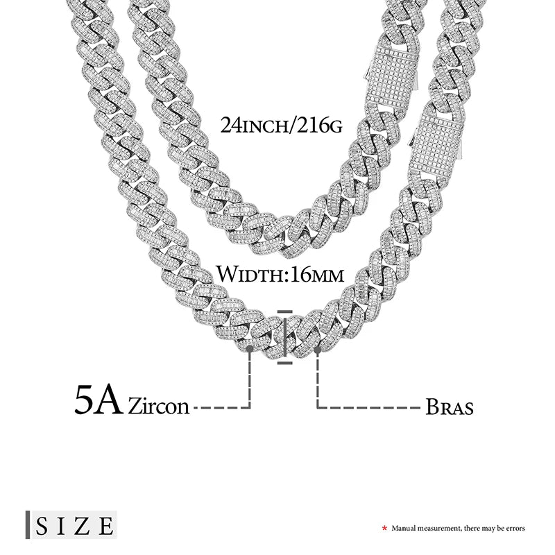 Luxury Men Hiphop Jewelry 16mm Gold Rhodium Plated Copper 5A Baguette CZ Zircon Iced Out Miami Cuban Link Chain Necklace