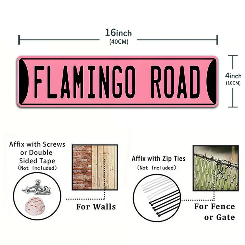Pink Flamingo Street Metal Tin Sign Retro Flamingo Road She Shed Wall Decor for She Shed Bedroom Girlish Decoration