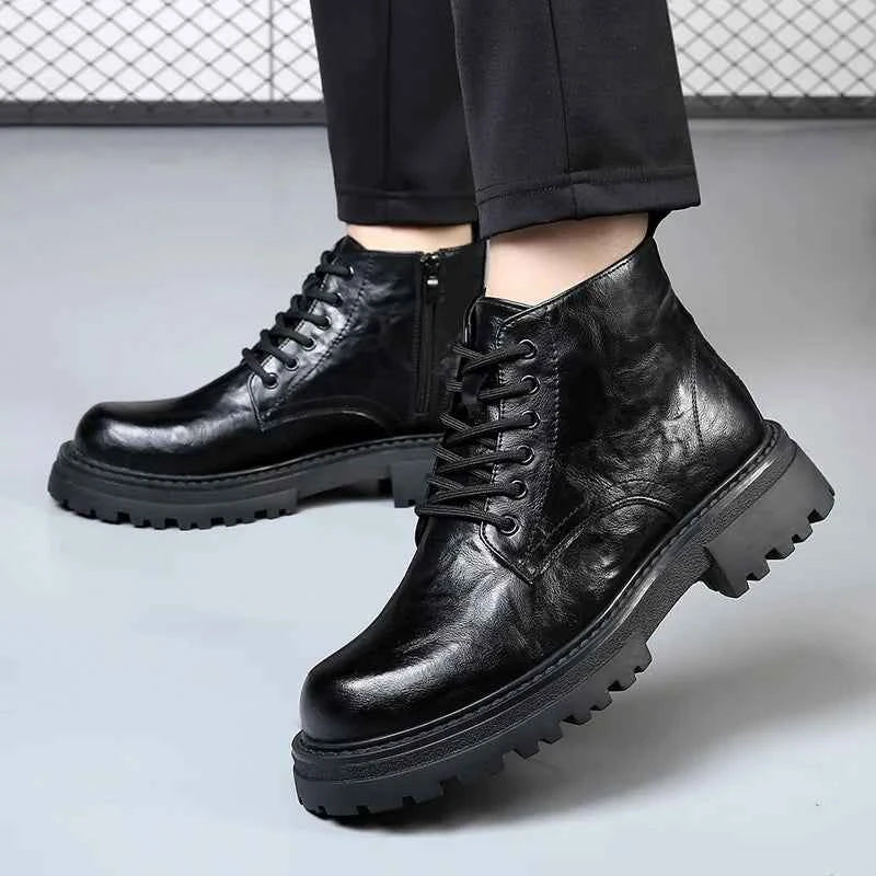 Custom Logo British Style Motorcycle Boots Slip-On Ankle Height Dress Shoes Black Light for Four Season