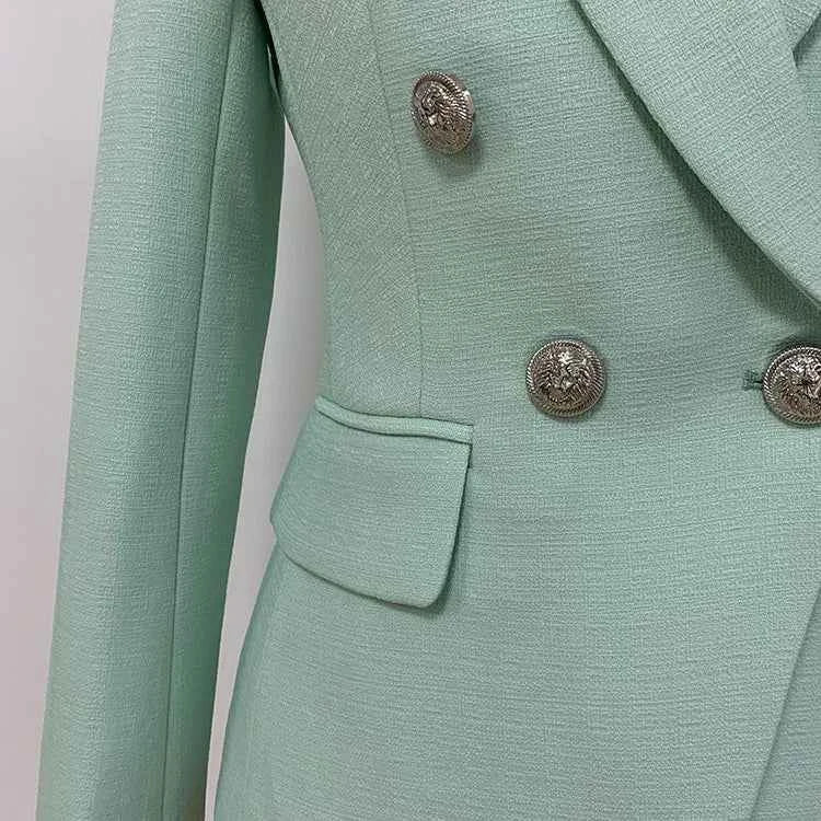 HIGH STREET 2026 Classic Baroque Designer Jacket Women's Metal Lion Buttons Double Breasted Textured Blazer Mint Green