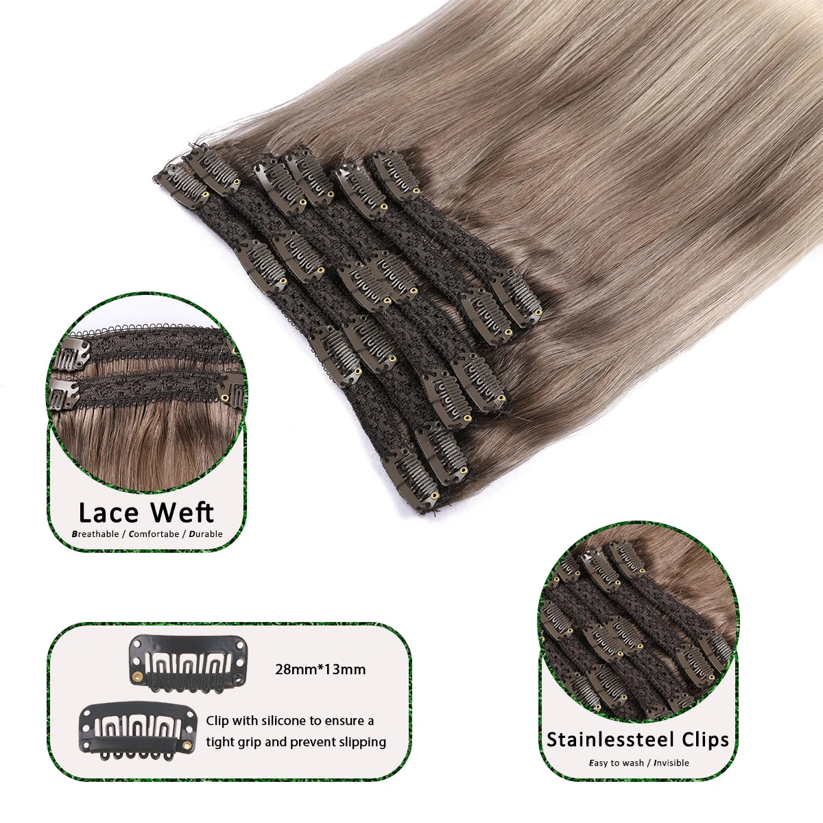 Real Virgin Remy Double Weft Balayage Human Hair Clip Ins Hair Extension