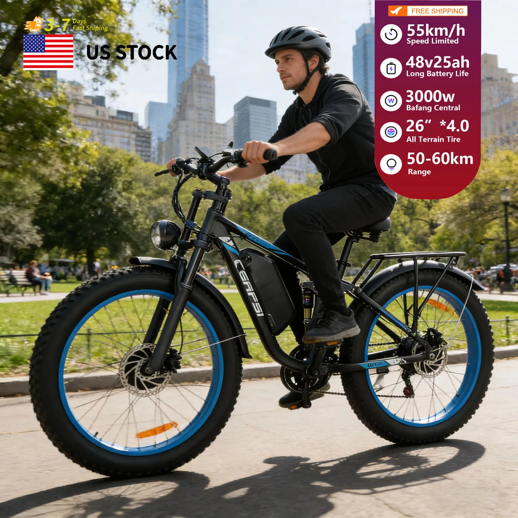 US in Stock Free Shipping Electric Mountain Snow Bike 48v 3000w 55kmh/34mph 60km Range All Terrain Fat Tire E-Bike