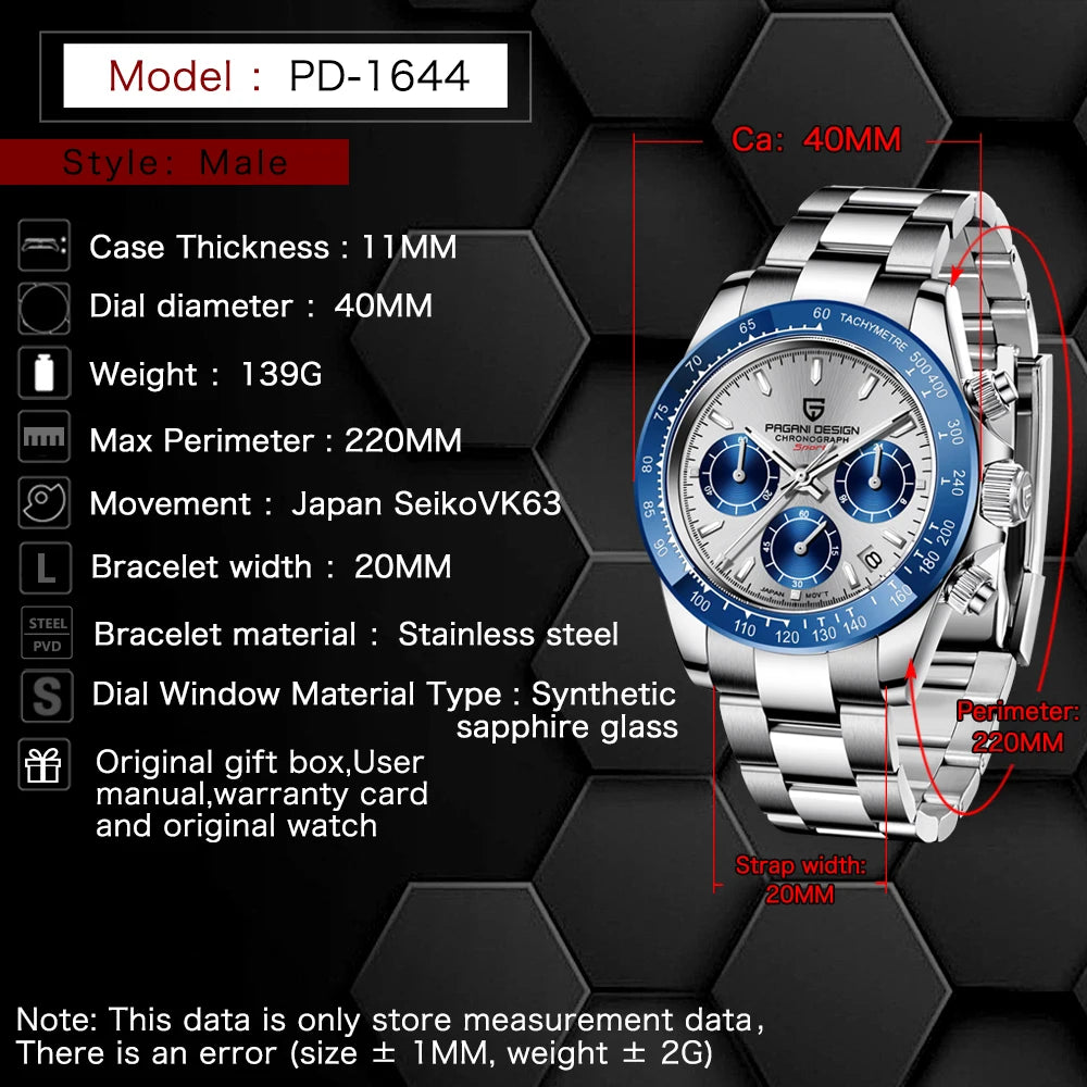 New PAGANI DESIGN Watches Men Luxury Chronograph Sport Quartz Wristwatch 2024Male Waterproof Automatic Date Relogio Masculino