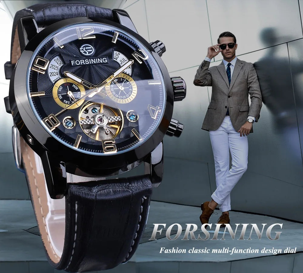 Forsining Top Brand Luxury Tourbillion Mens Automatic Mechanical Watches Fashion Wave Black Golden Clock Multi Function Display