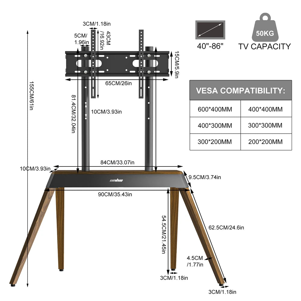 40-86 Inch Heavy Duty TV Floor Stand Vintage TV Mount Stand Height Adjustable