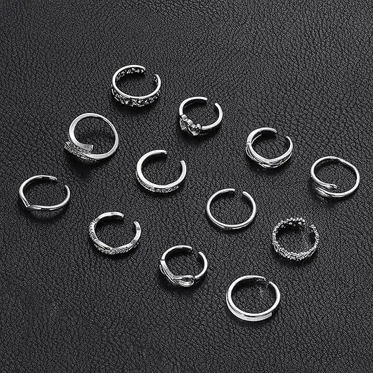 12Pcs Toe Rings Minimalist Thin Wire Cubic Zirconia Summer Beach Toe Rings Open Adjustable Foot Jewelry for Women Silver Tone
