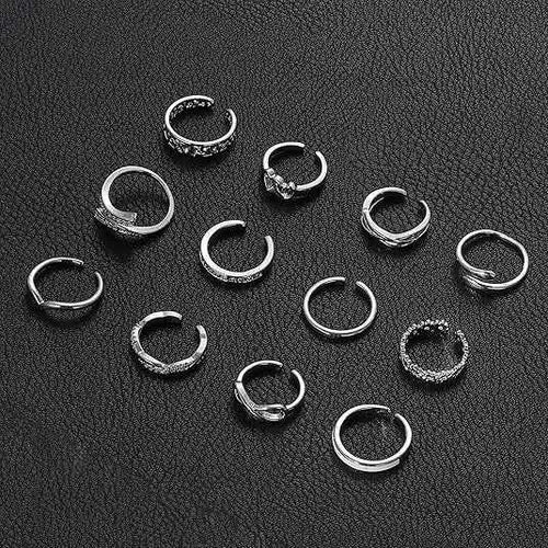 12Pcs Toe Rings Minimalist Thin Wire Cubic Zirconia Summer Beach Toe Rings Open Adjustable Foot Jewelry for Women Silver Tone