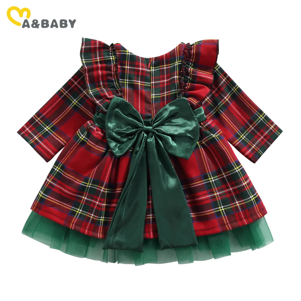 Ma&Baby 6M-6Y 2024 Christmas Red Dress For Girls Toddler Kid Child Plaid Bow Dresses For Girl Xmas Party Princess Costumes