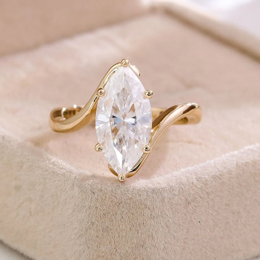 3 Carat Marquise Moissanite Diamond Engagement Ring 10k Yellow Gold Twisted Band Couture Women's Fine Jewelry Ring