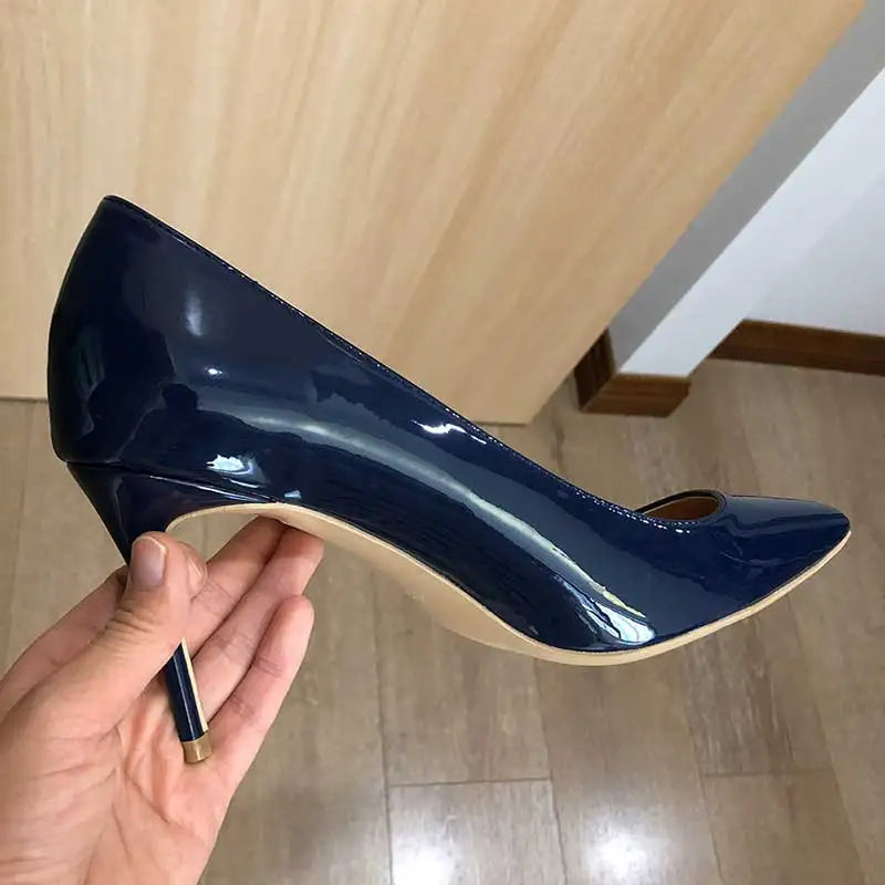 Tikicup Women Navy Blue Patent Pumps Low Cut Pointy Toe Stilettos Elegant Ladies Formal Slip On High Heels Fashion Dress Shoes