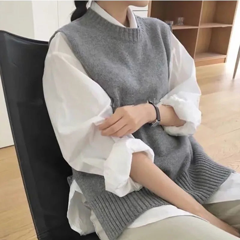 Women Oversized Loose Vest Female Knitted Sweater Women Jumper Ladies O-Neck Pullovers Waistcoat Pull Femme Female Outerwear