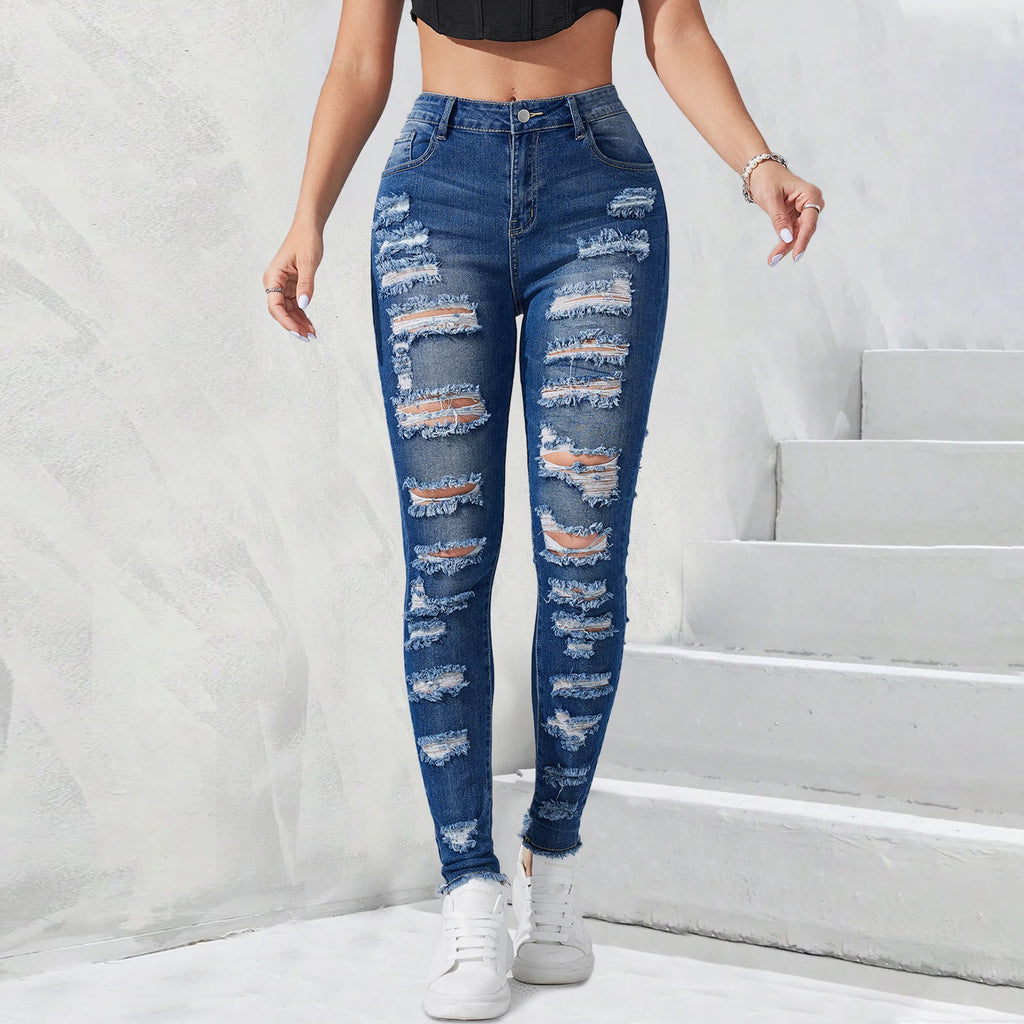 Free Shipping to USA- Wholesale Fashion Women Denim Jeans Blue High Stretchy Ripped Legging Slim Fit Pencil Pants Casual Waist