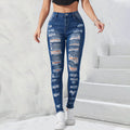 Free Shipping to USA- Wholesale Fashion Women Denim Jeans Blue High Stretchy Ripped Legging Slim Fit Pencil Pants Casual Waist