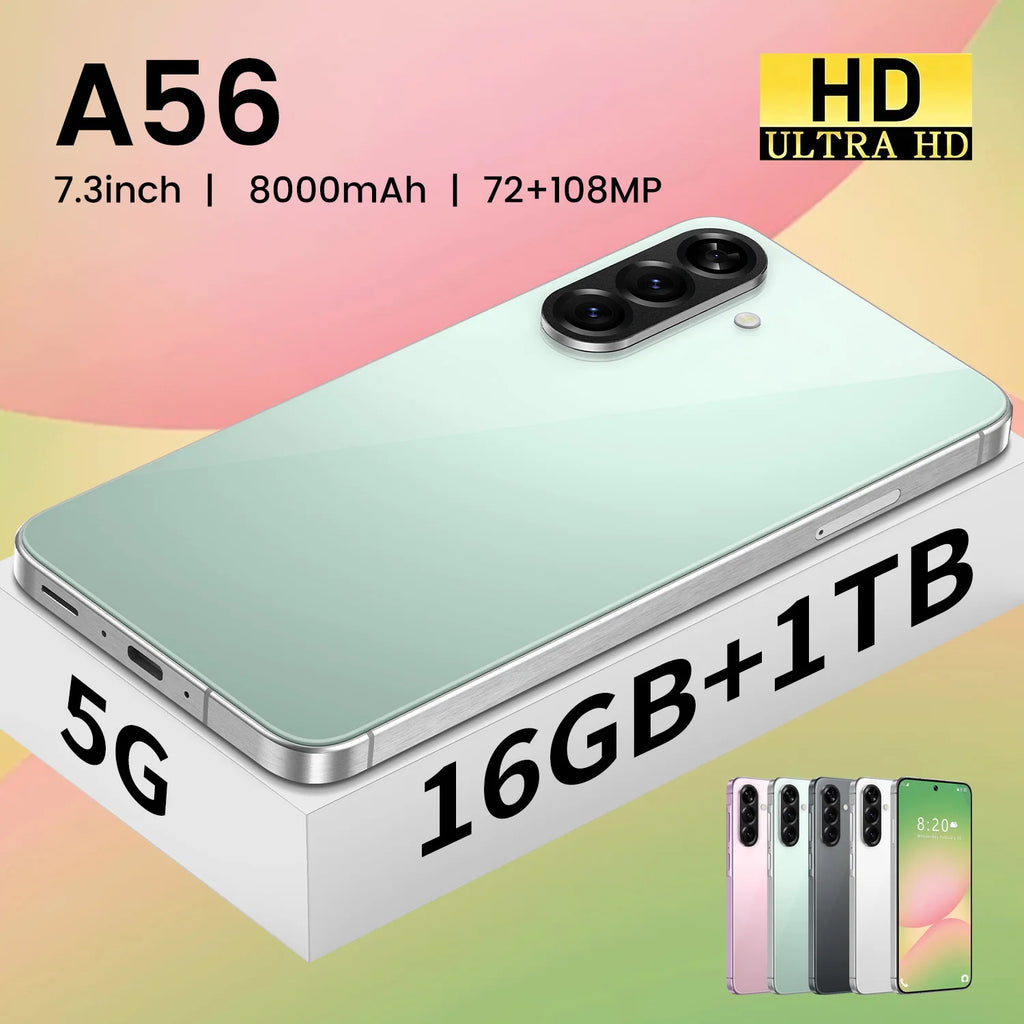 Brand New A56 5G Smartphone 7.3 Inch Face Unlock 16GB+1TB Android 14 72+108MP HD Camera Dual Card Shockproof CDMA Gaming Phone