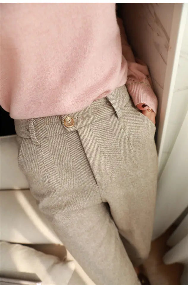 Woolen Pants Women's Harem Pencil Pants 2026 Autumn Winter High Waisted Casual Suit Pants Office Lady Women Trousers