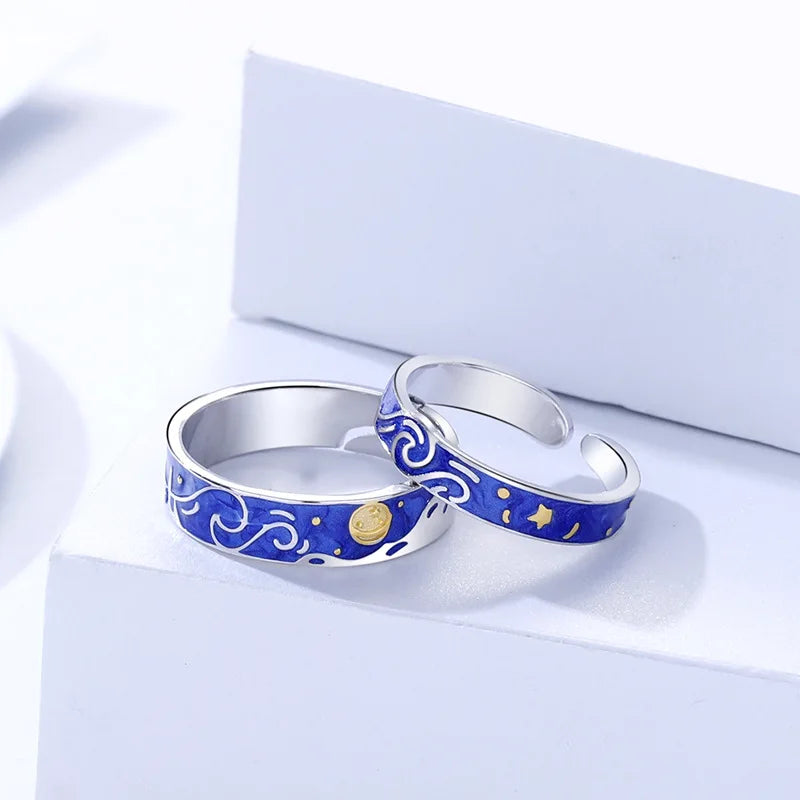 Universal High  End Elegant Sea  Blue S925 Silver Van Gogh Starry Sky Lovers Rings for Unisex