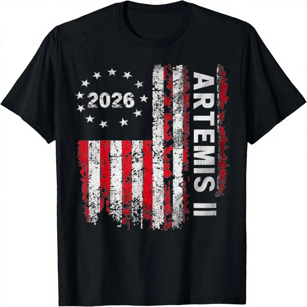 Free Shipping Vintage Solid Artemis II Launch to Moon Space Mission 2026 USA Flag T-Shirt