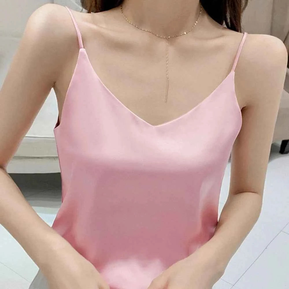 Casual V-Neck Sexy Solid Satin Woman Camis Tank Tops Chiffon Sleeveless Camisole Top Halter Camis Tops