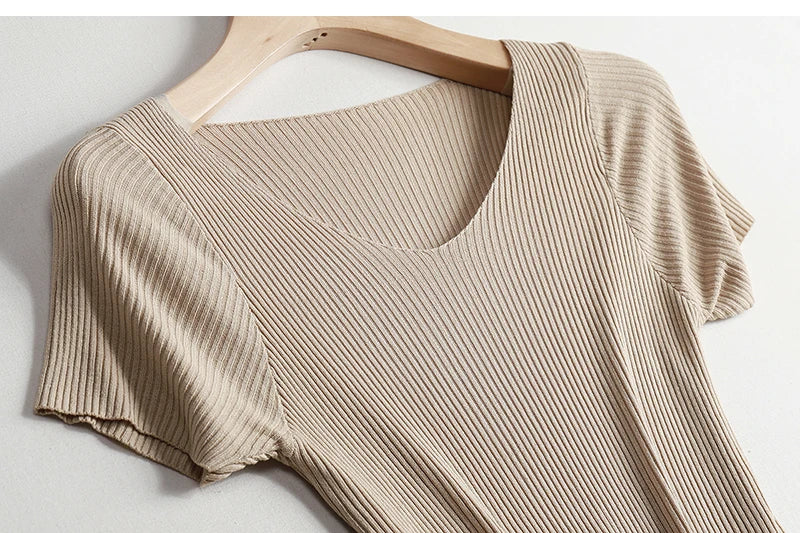 Pullover knitted Short Sleeve knitted Sweater Women Spring Summer Slim Basic Solid Casual Base Female knitting shirts 2024 Korea