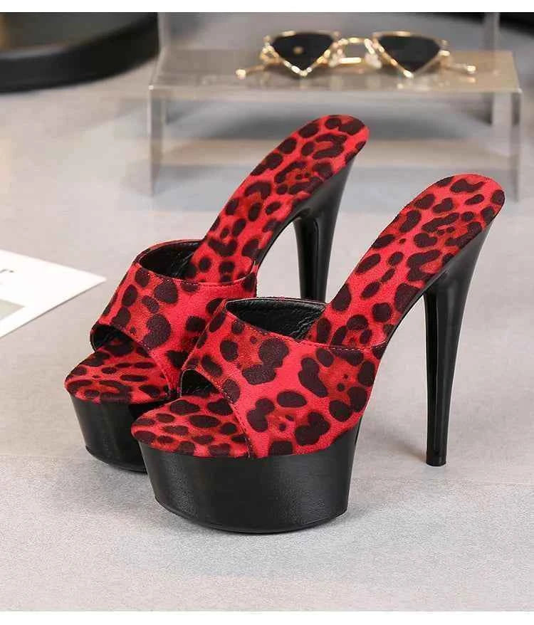 Voesnees Summer Slippers Women 2021 High Heels 15cm 17 CM Leopard Print Slip-On Platform Slides Sexy Catwalk Shoes Club Sandals