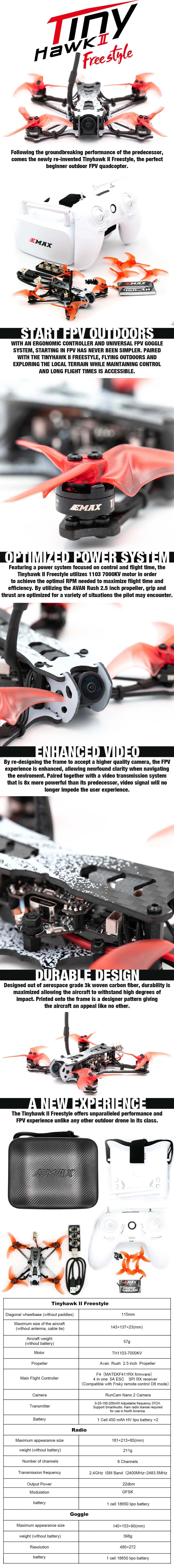 EMAX Tinyhawk II Freestyle 115mm 2.5inch F4 5A ESC TH1103 Motor 5.8G 37CH VTX 700TVL CMOS FPV Racing RC Drone  BNF Version