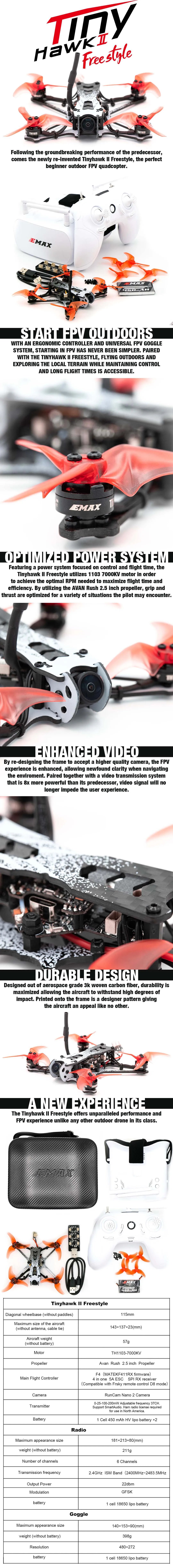 EMAX Tinyhawk II Freestyle 115mm 2.5inch F4 5A ESC TH1103 Motor 5.8G 37CH VTX 700TVL CMOS FPV Racing RC Drone  BNF Version