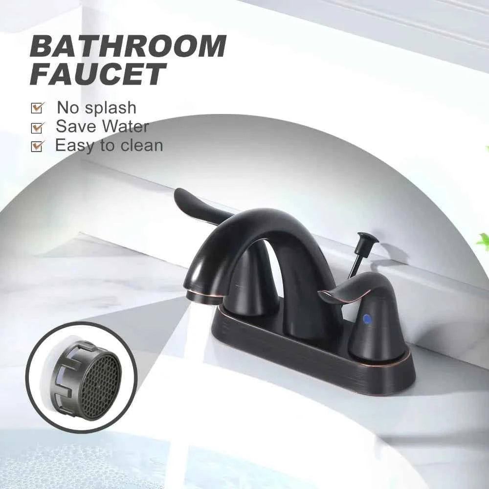 Bathroom Faucet 4 Inch Centerset Oil Rubbed Bronze Wash Basin Faucet with Lift Rod Drain Assembly Lavatory Bathroom Faucet
