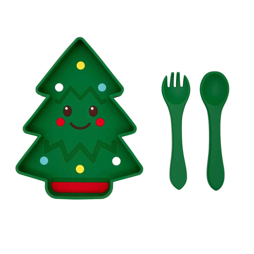 Cartoon Baby Bowl Tableware Set Silicone Straw Children's Dishes Kids Dinner Feeding Plate Christmas Tree Food Plate Spoon Fork