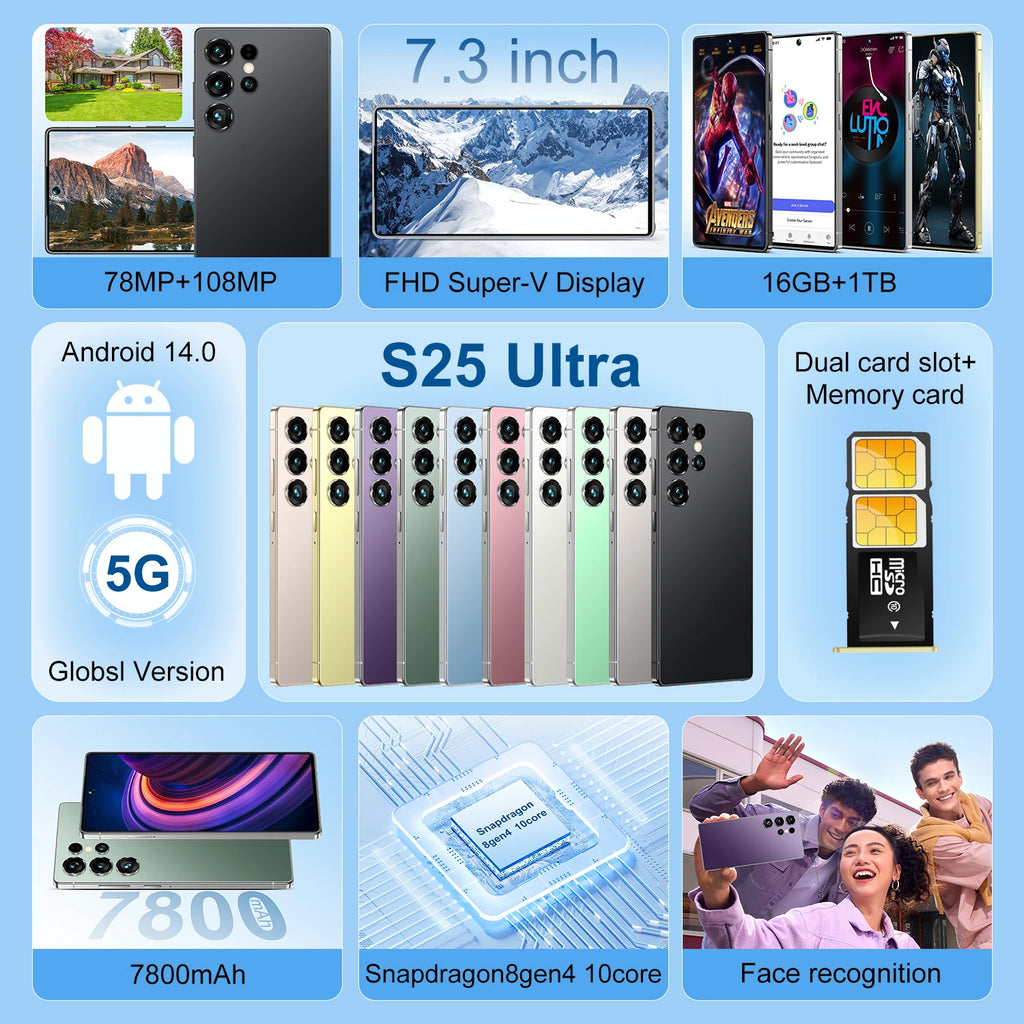 Original Condition S25 ULTRA 5G Cellular Phone 108MP Rear Camera 7.3 Inch Screen 7800mAh Battery Smart Cell Phone Unlocked