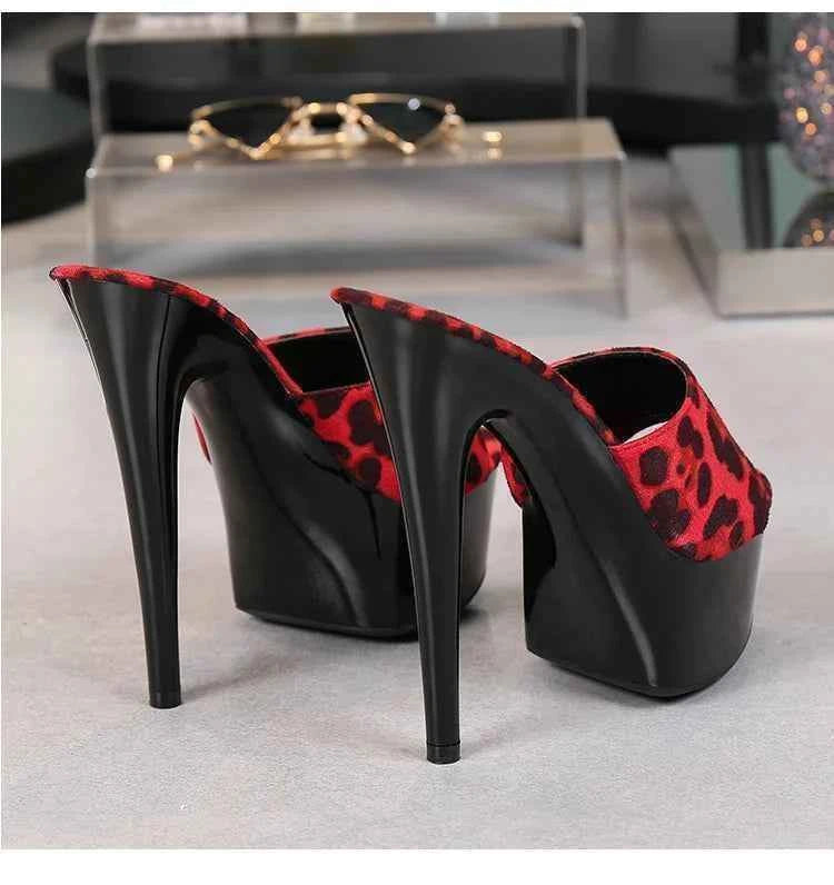 Voesnees Summer Slippers Women 2021 High Heels 15cm 17 CM Leopard Print Slip-On Platform Slides Sexy Catwalk Shoes Club Sandals