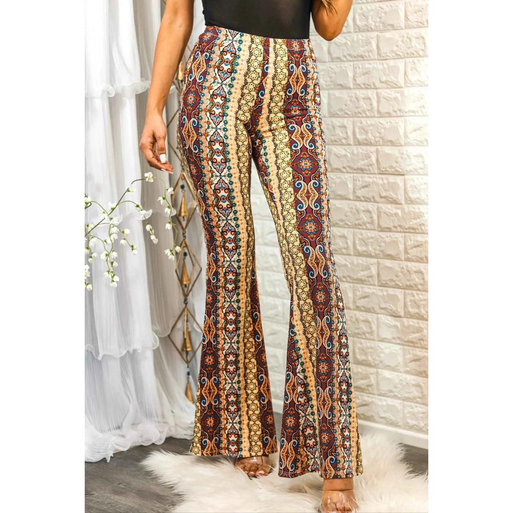 TD Esmie Breathable Satin Bell Bottoms Ladies Girls Casual Pants Elastic Waist Soft Comfortable Striped Tribal Print Colored