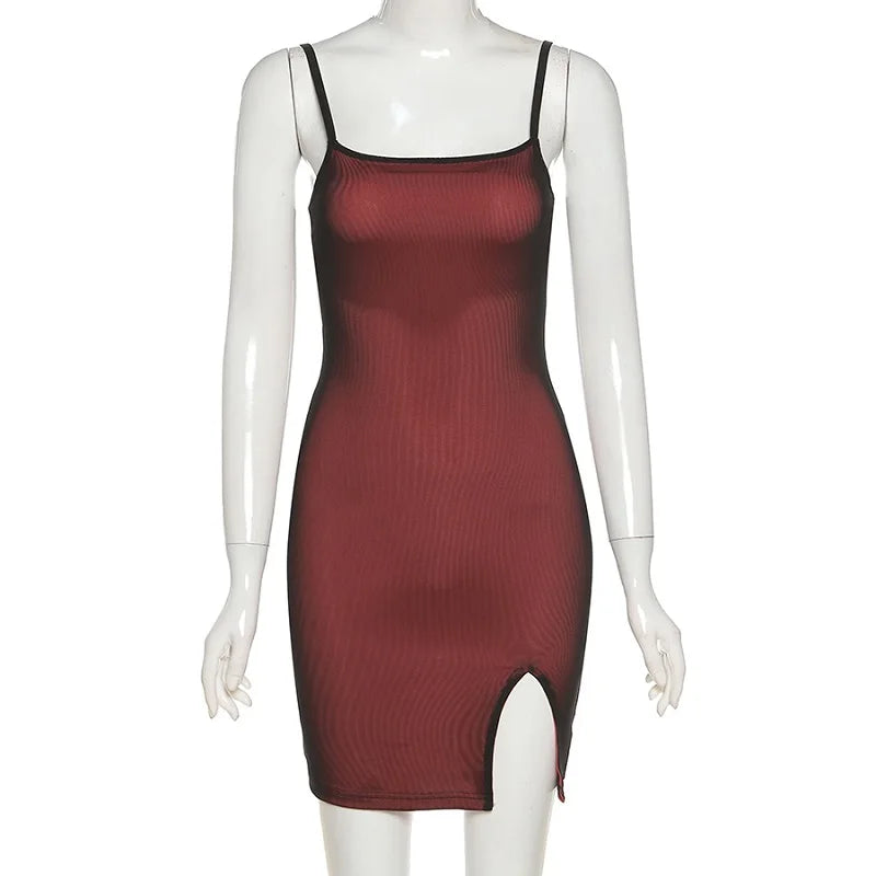 Mesh Double Layer Sexy Skinny Dress Women Sleeveless Party Bodycon 2023 Bandage Elastic Split Trend Clubwear Slim Outfit