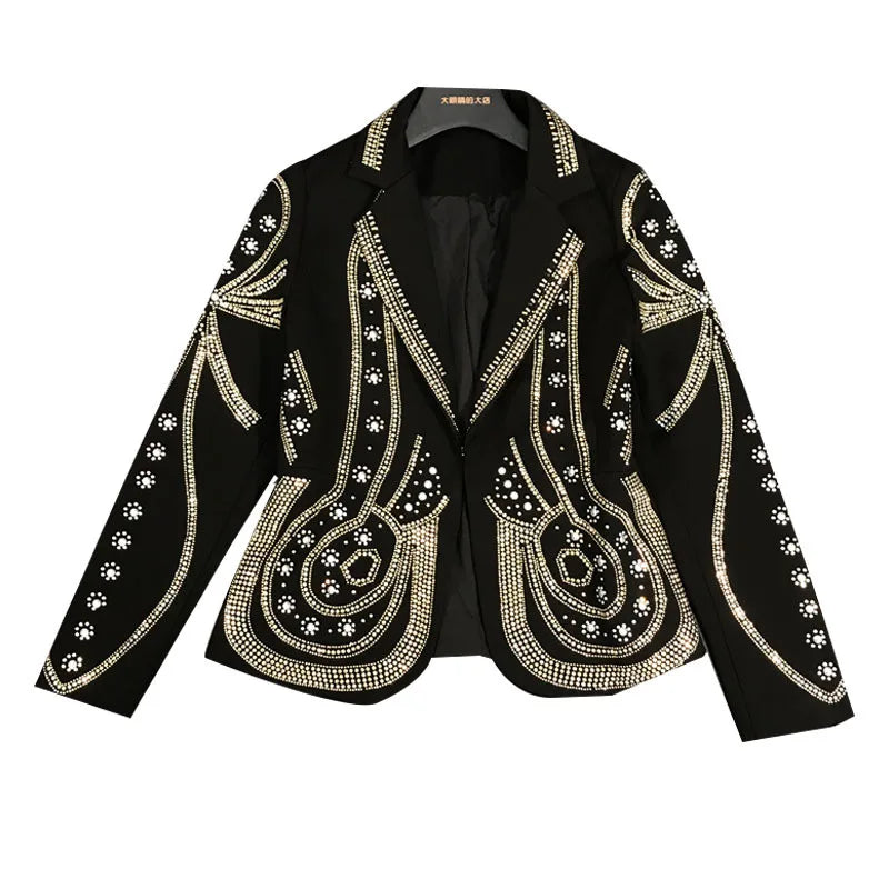 DEAT 2024 New autumn Turn-down Collar Full Sleeves Metal Beaded No Buttons Short jackets Female Single Suit WF18501L Black