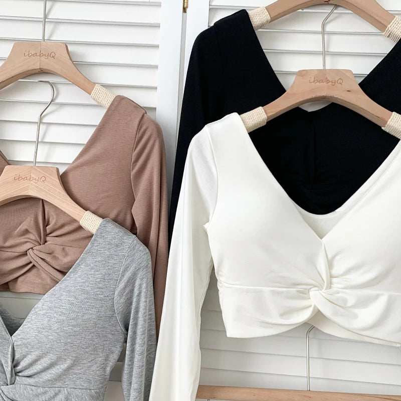 t shirt woman crop tops long sleeve kawaii T shirts built in bra women sexy top harajuku korean fashion