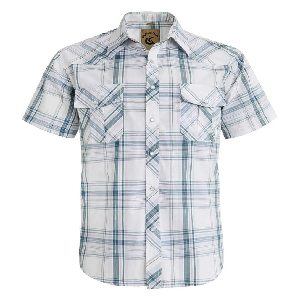 Men Pearl Snap Short Sleeve Western Cowboy Shirt Plaid Pattern with Buttons Two Front Pockets