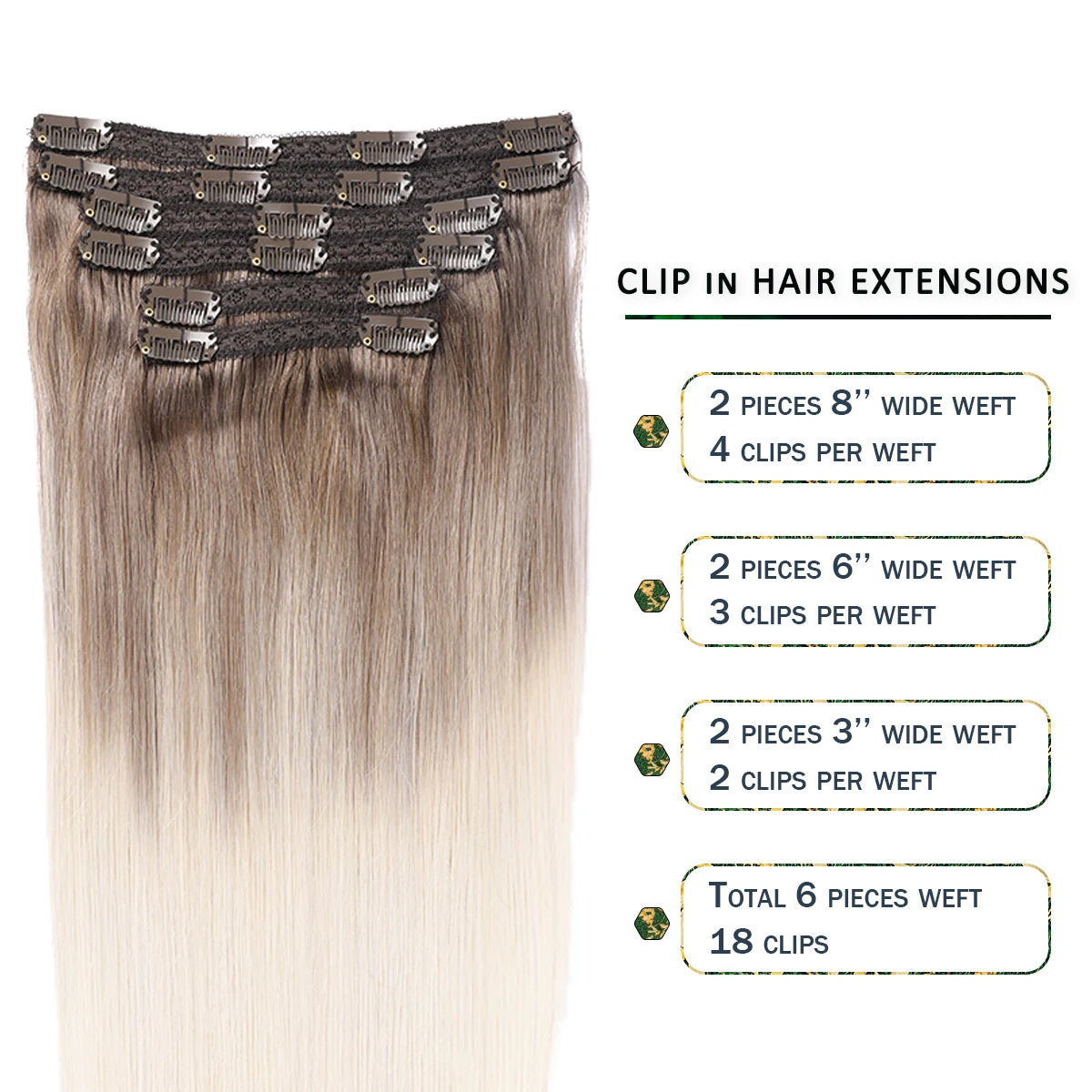 Real Virgin Remy Double Weft Balayage Human Hair Clip Ins Hair Extension