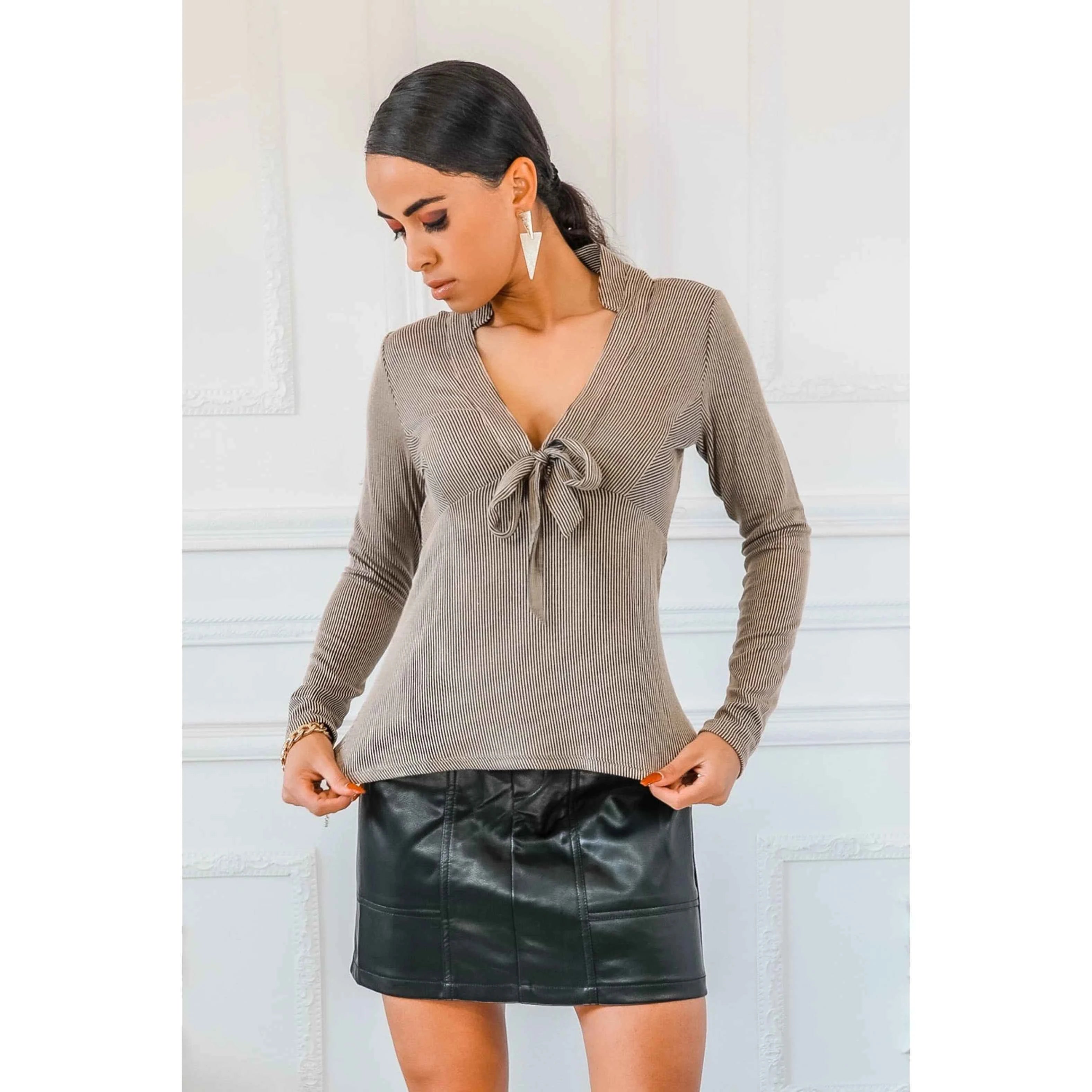 TD Veronica Casual Dress with Stripped Front Bow Long Sleeve Top