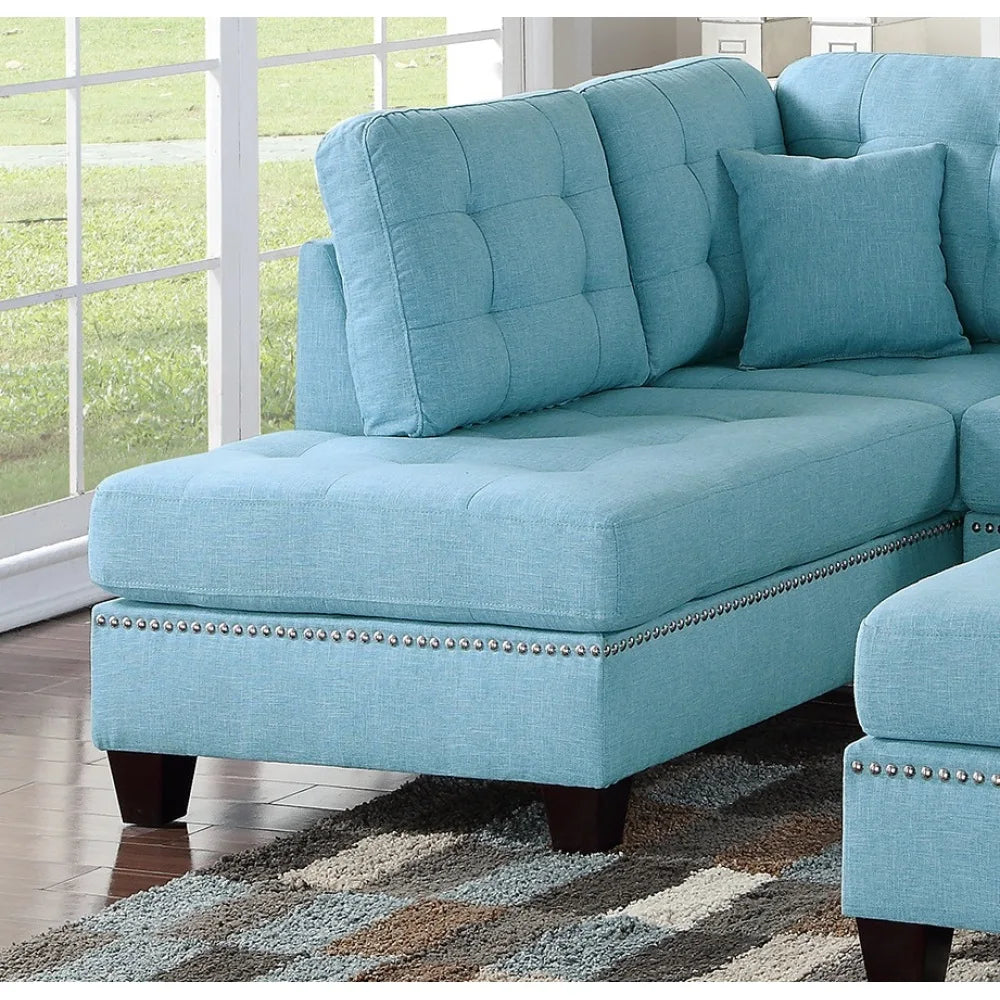 Modern Blue Color 3pcs Sectional Living Room Furniture Reversible Chaise Sofa and Ottoman Tufted