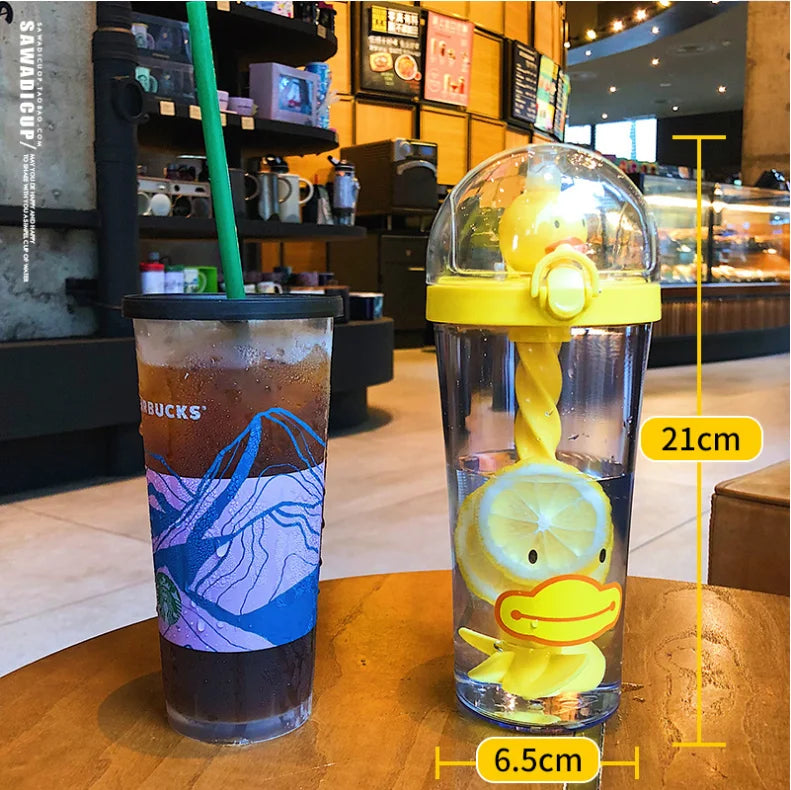Water Bottle with Straw, Plastic Cartoon Mixing Cup, Creative Animal Design, Cute Cartoon, Girl Heart, Ins Photo Gift