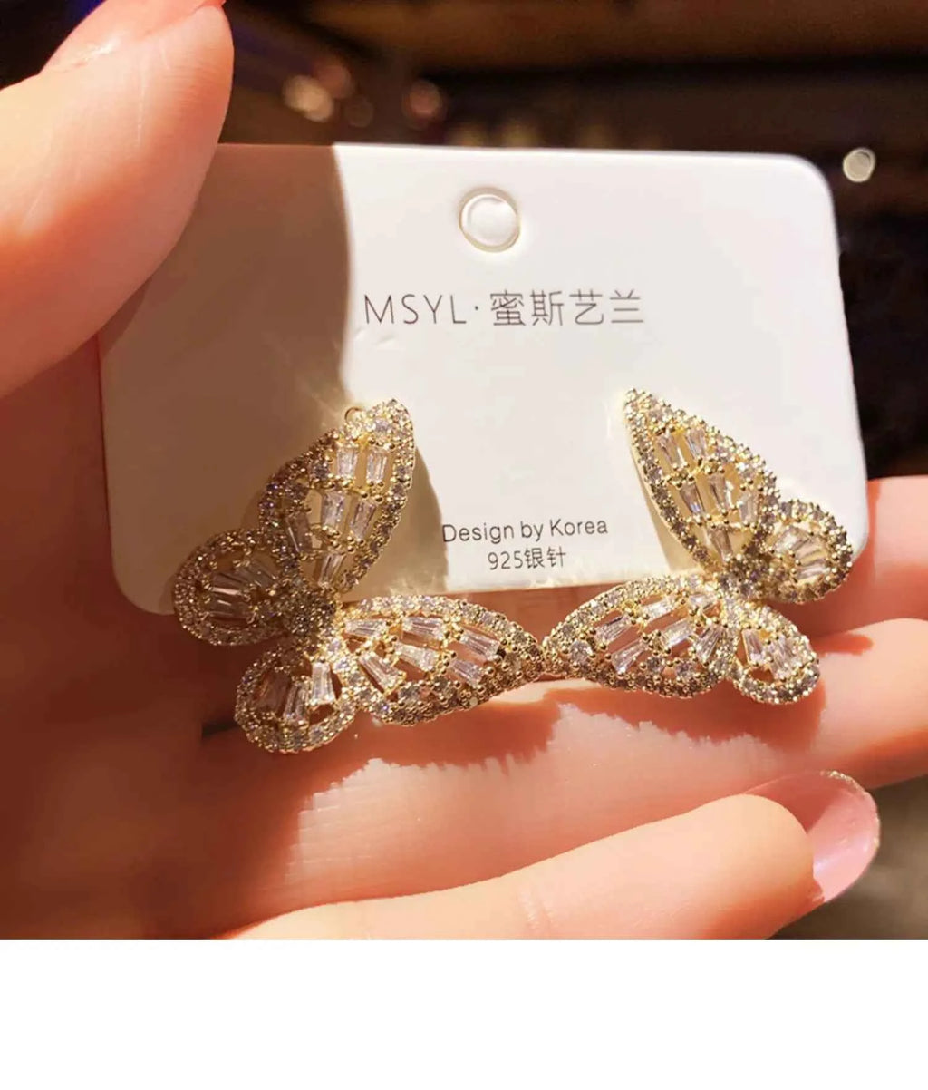 2023 New Butterfly Zircon Earrings Women's Korean Luxury Jewelry Literary Style Earrings Net Red Temperament Simple New Earrings